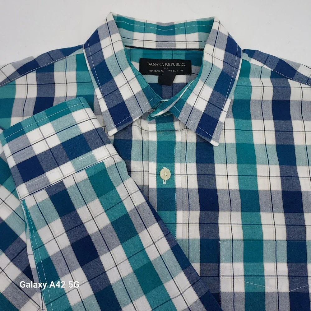 Banana Republic Mens Tailored Slim‎ Fit Non-Iron Plaid Shirt Teal Navy Small S